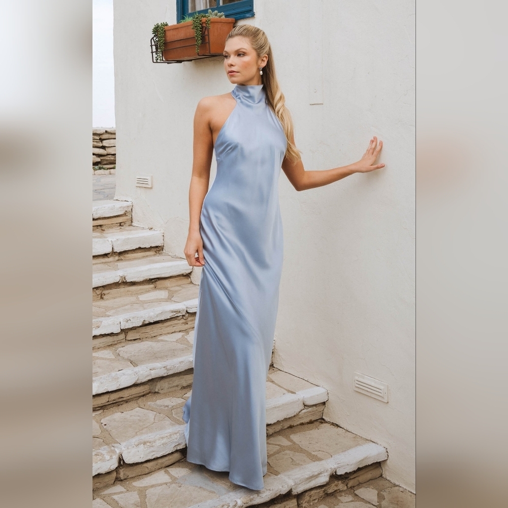 Show Me Your MuMu Lisa Maxi Steel Blue Luxe Satin Dress L Wedding Party Prom - Picture 2 of 13
